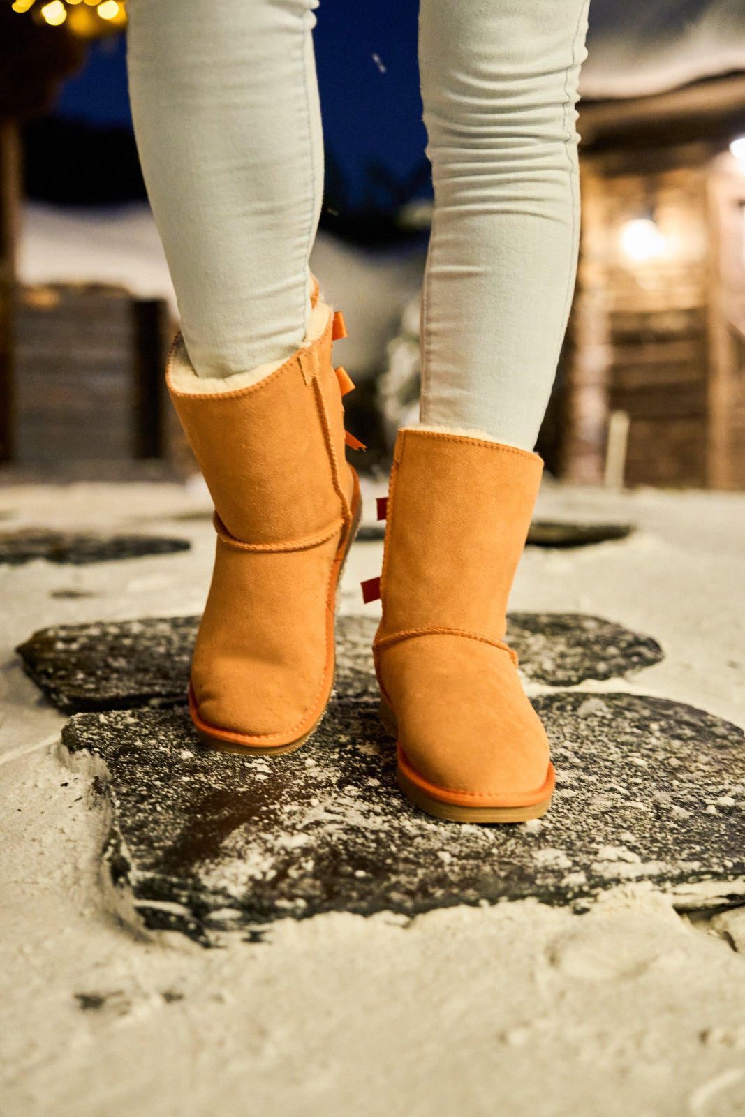 Smaibulun Ugg | Double Ballet Ribbon Bow Suede Shearling Boots - orange