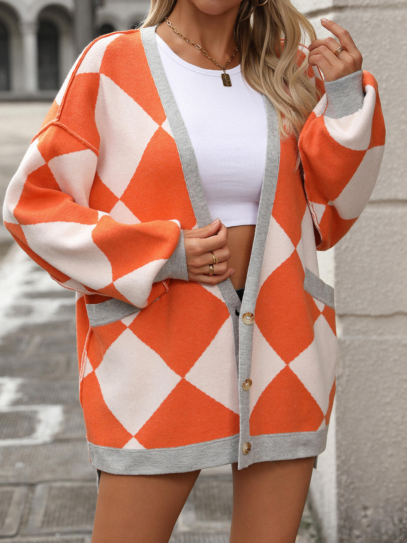 Jackey Argyle Print Button Down Cardigan - Orange