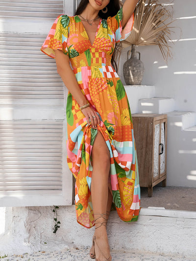 Tropical Drift Abstract Floral Maxi Dress - orange