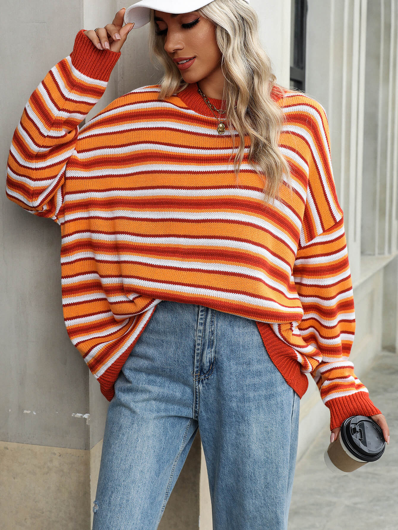 Pippa Striped Knit Sweater - Orange