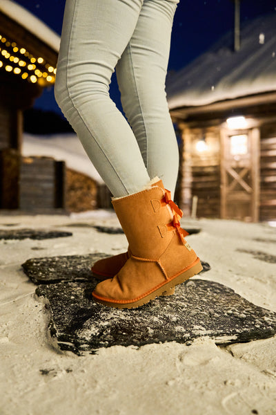 Smaibulun Ugg | Double Ballet Ribbon Bow Suede Shearling Boots - orange