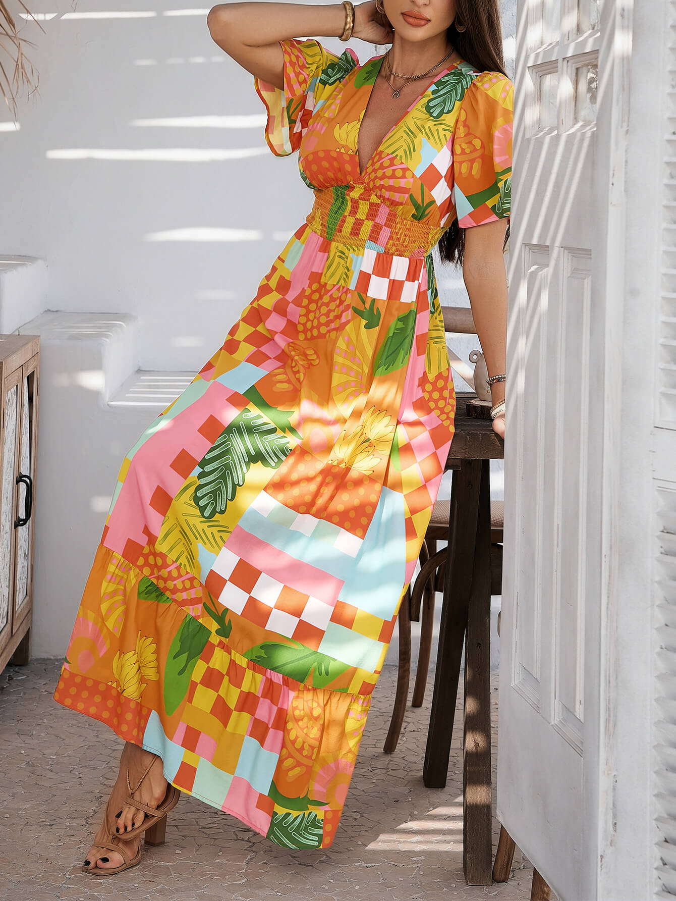 Tropical Drift Abstract Floral Maxi Dress - orange