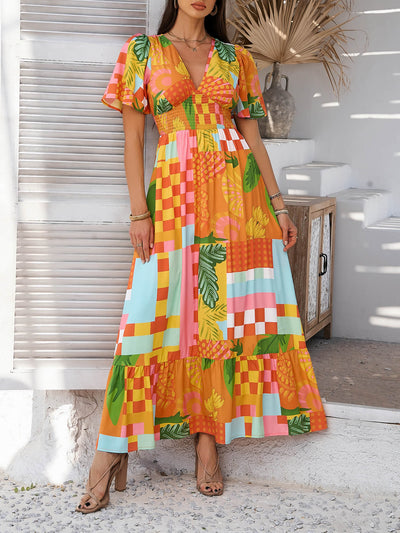 Tropical Drift Abstract Floral Maxi Dress - orange