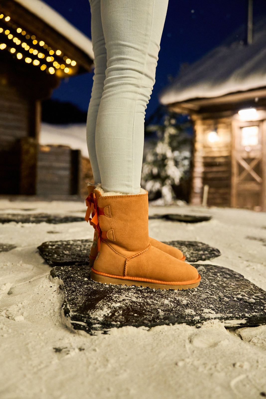 Smaibulun Ugg | Double Ballet Ribbon Bow Suede Shearling Boots - orange