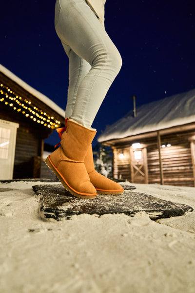 Smaibulun Ugg | Double Ballet Ribbon Bow Suede Shearling Boots - orange