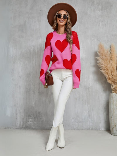 Mega Love Heart Prints Knit Sweater - Pink