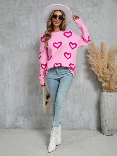 Open To Love Heart Prints Knit Sweater - Pink