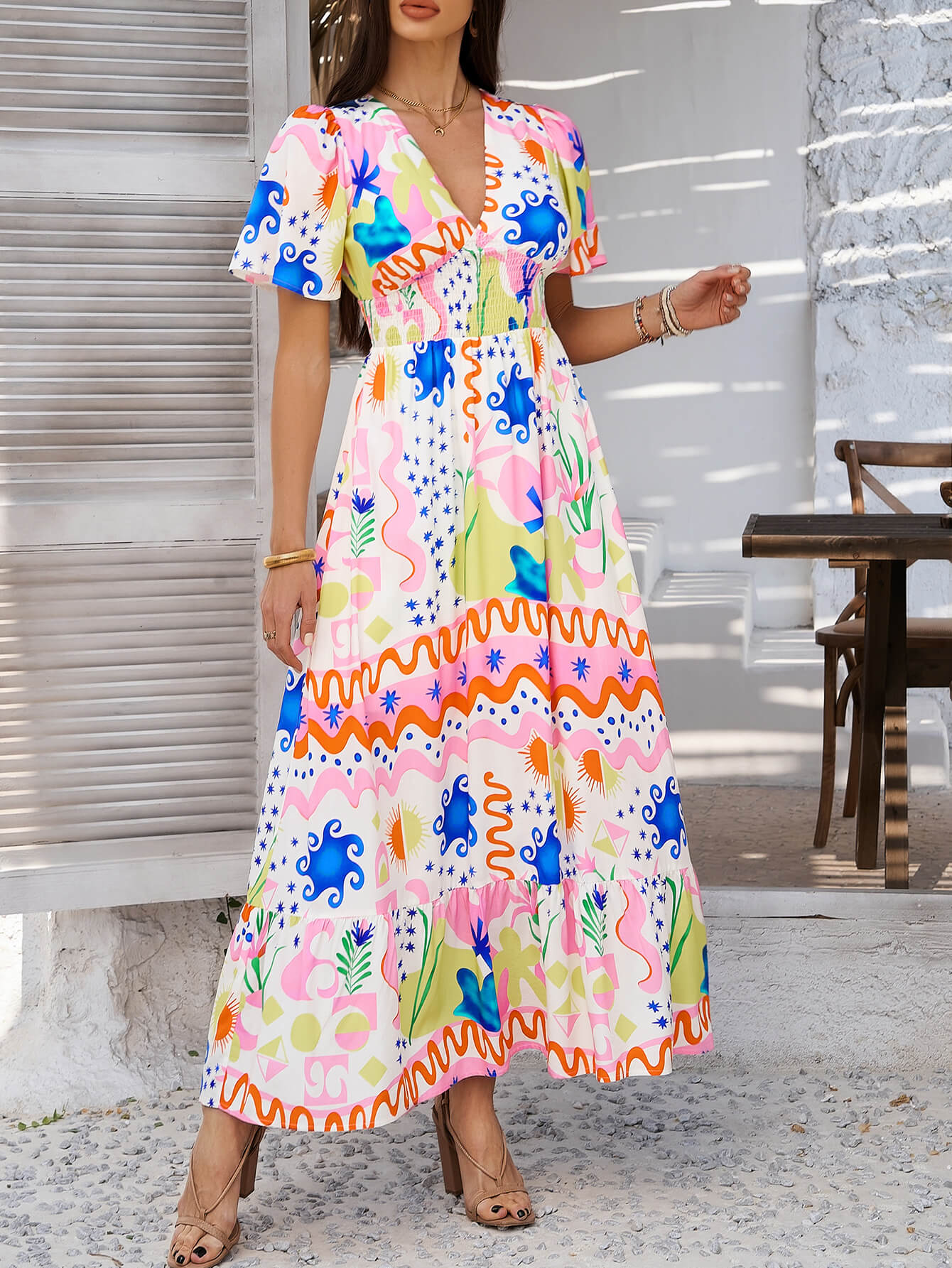 Tropical Drift Abstract Floral Maxi Dress - pink