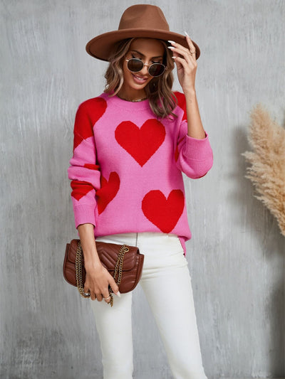 Mega Love Heart Prints Knit Sweater - Pink