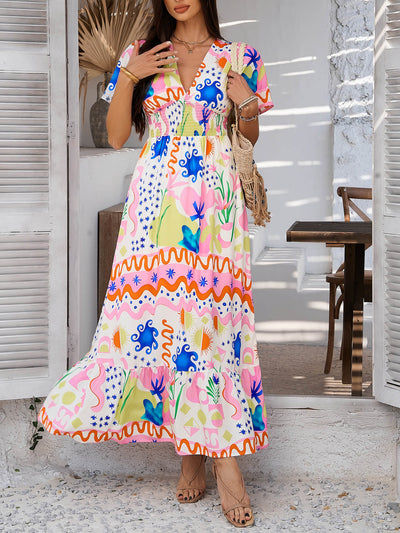 Tropical Drift Abstract Floral Maxi Dress - pink