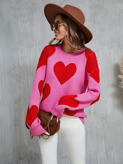 Mega Love Heart Prints Knit Sweater - Pink