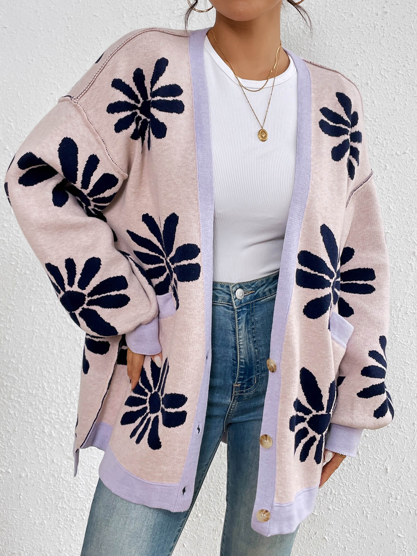 Janelle Floral Knit Cardigan - Pink