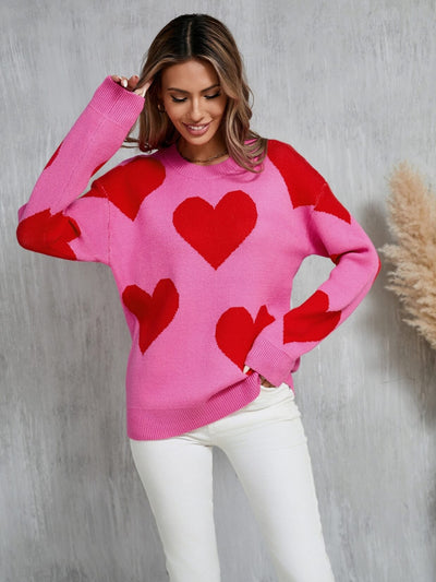 Mega Love Heart Prints Knit Sweater - Pink