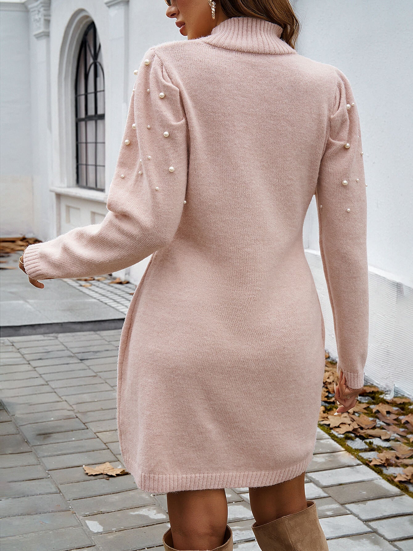 Simply Chic Pearl Embellished Mini Sweater Dress - Pink Simply Chic Pearl Embellished Mini Sweater Dress - Pink
