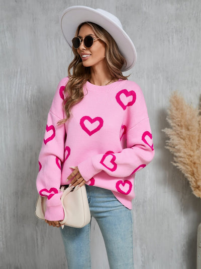 Open To Love Heart Prints Knit Sweater - Pink