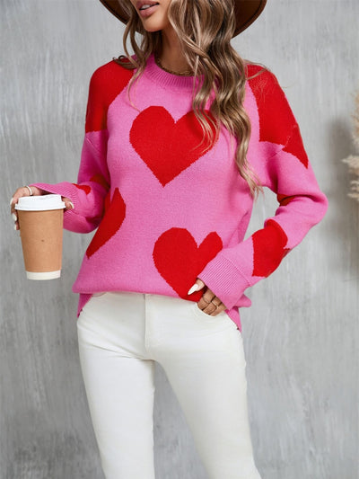 Mega Love Heart Prints Knit Sweater - Pink