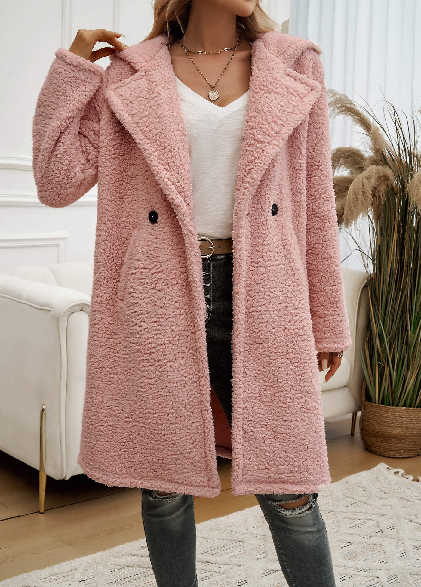 Teddy Longline Pocketed Coat - Pink