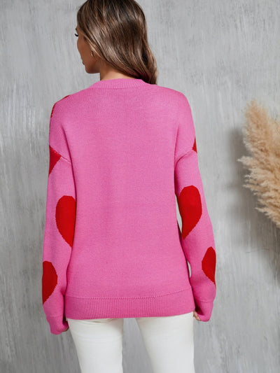 Mega Love Heart Prints Knit Sweater - Pink