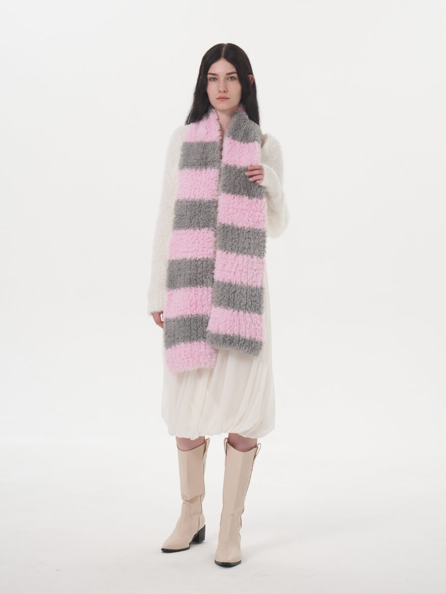 Clarita Fluffy Stripe Scarf - Pink