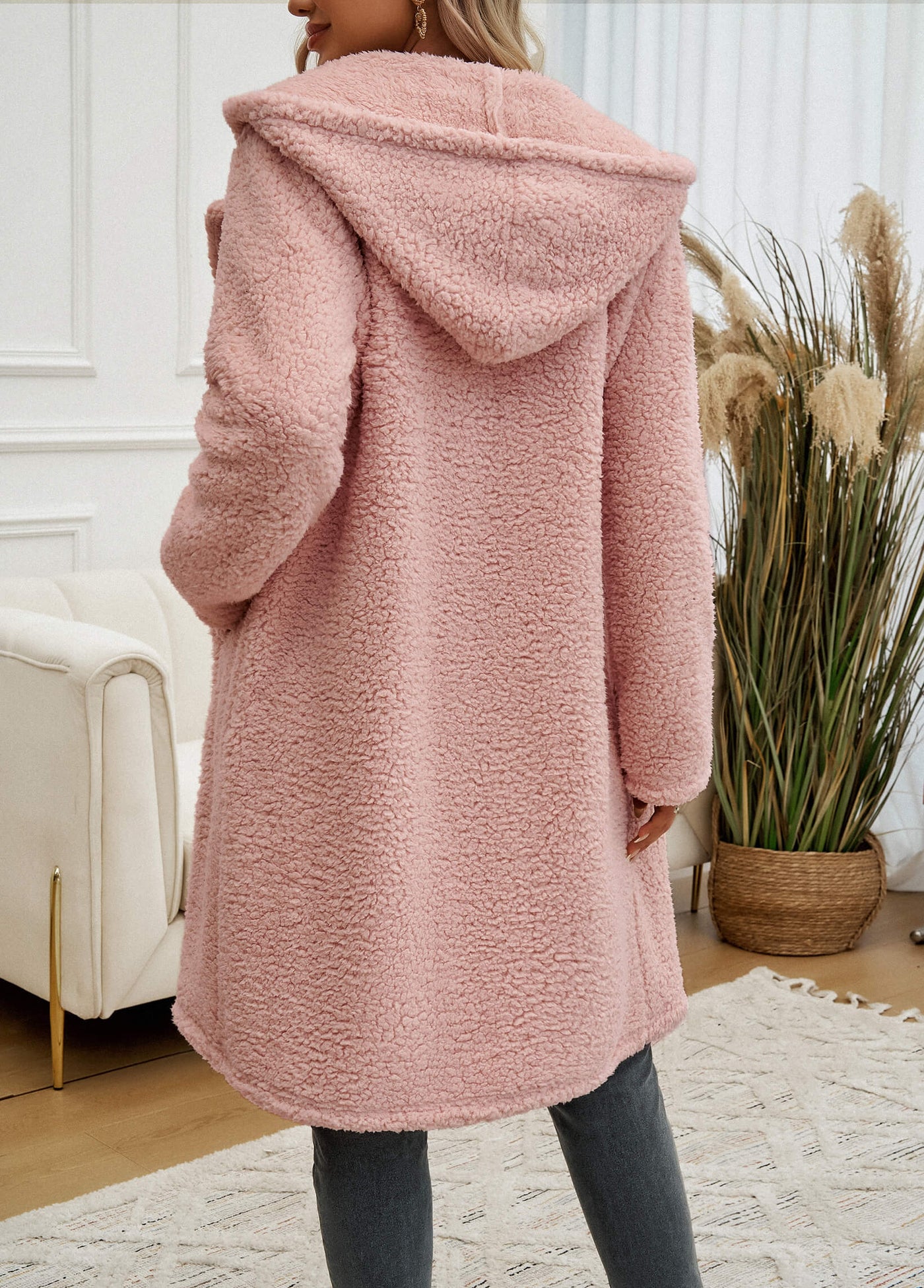 Teddy Longline Pocketed Coat - Pink