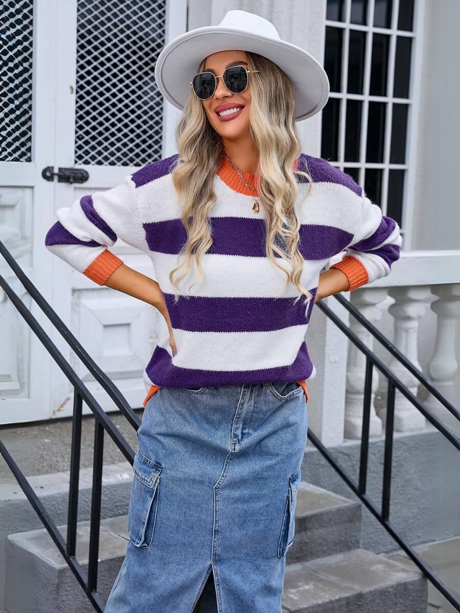 Own It Striped Knit Sweater - Purple