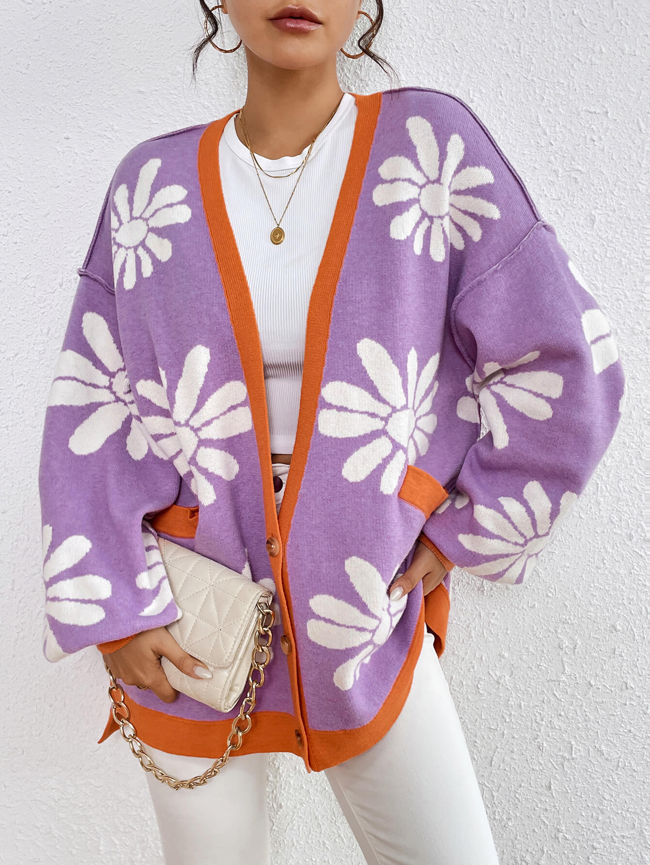 Janelle Floral Knit Cardigan - Purple