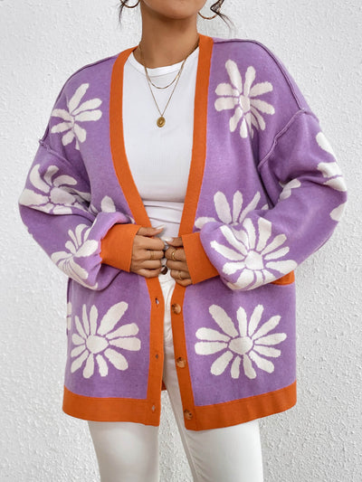 Janelle Floral Knit Cardigan - Purple