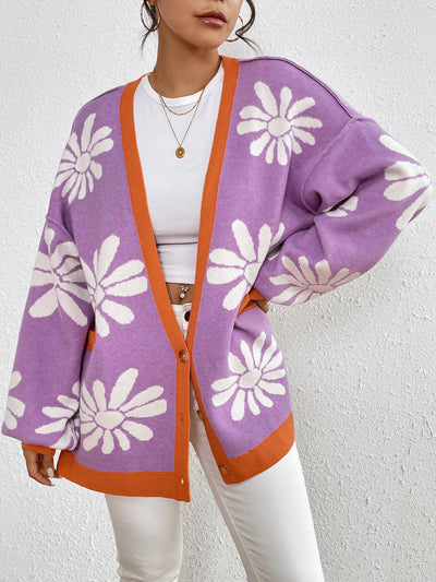 Janelle Floral Knit Cardigan - Purple