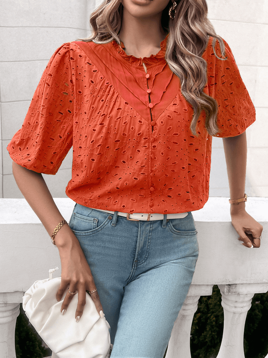 Ventura Eyelet Short Sleeve Blouse - Red