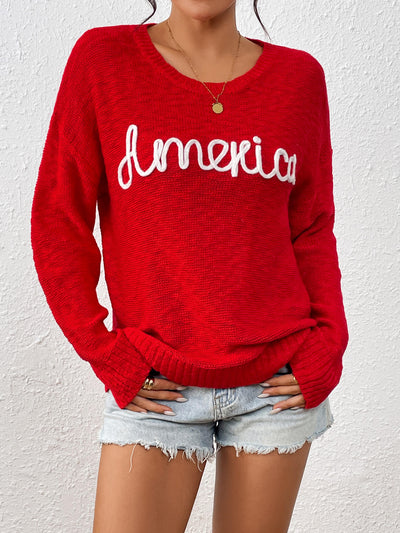 America Mom Knit Pullover Sweater - Red