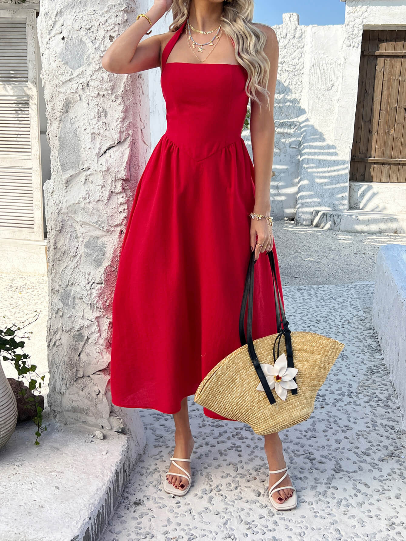 Dewy Days Halter Maxi Dress - red