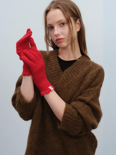 Wool Blend Ribbed Knit Glove Mittens - Red