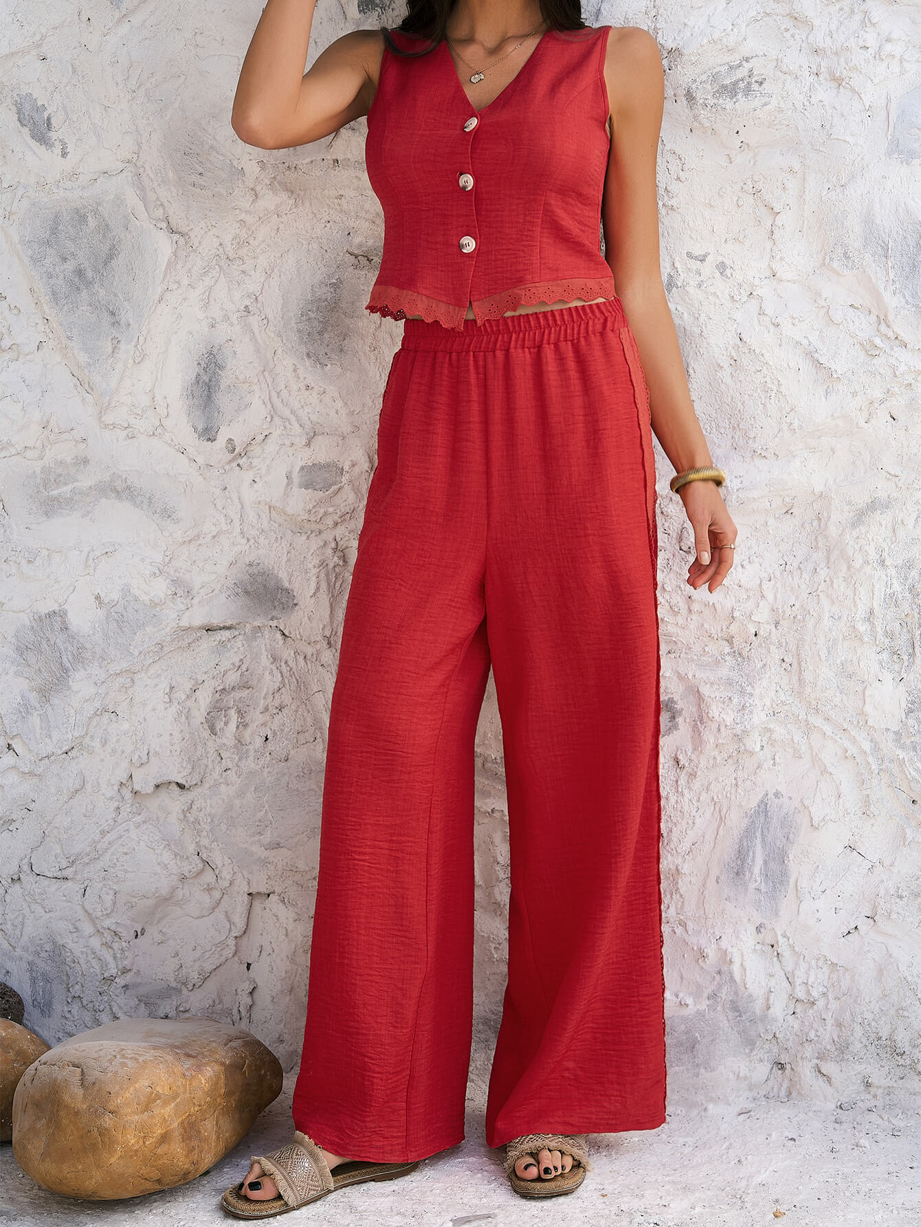 Spring Renew Wide Leg Vest Matching Set - red