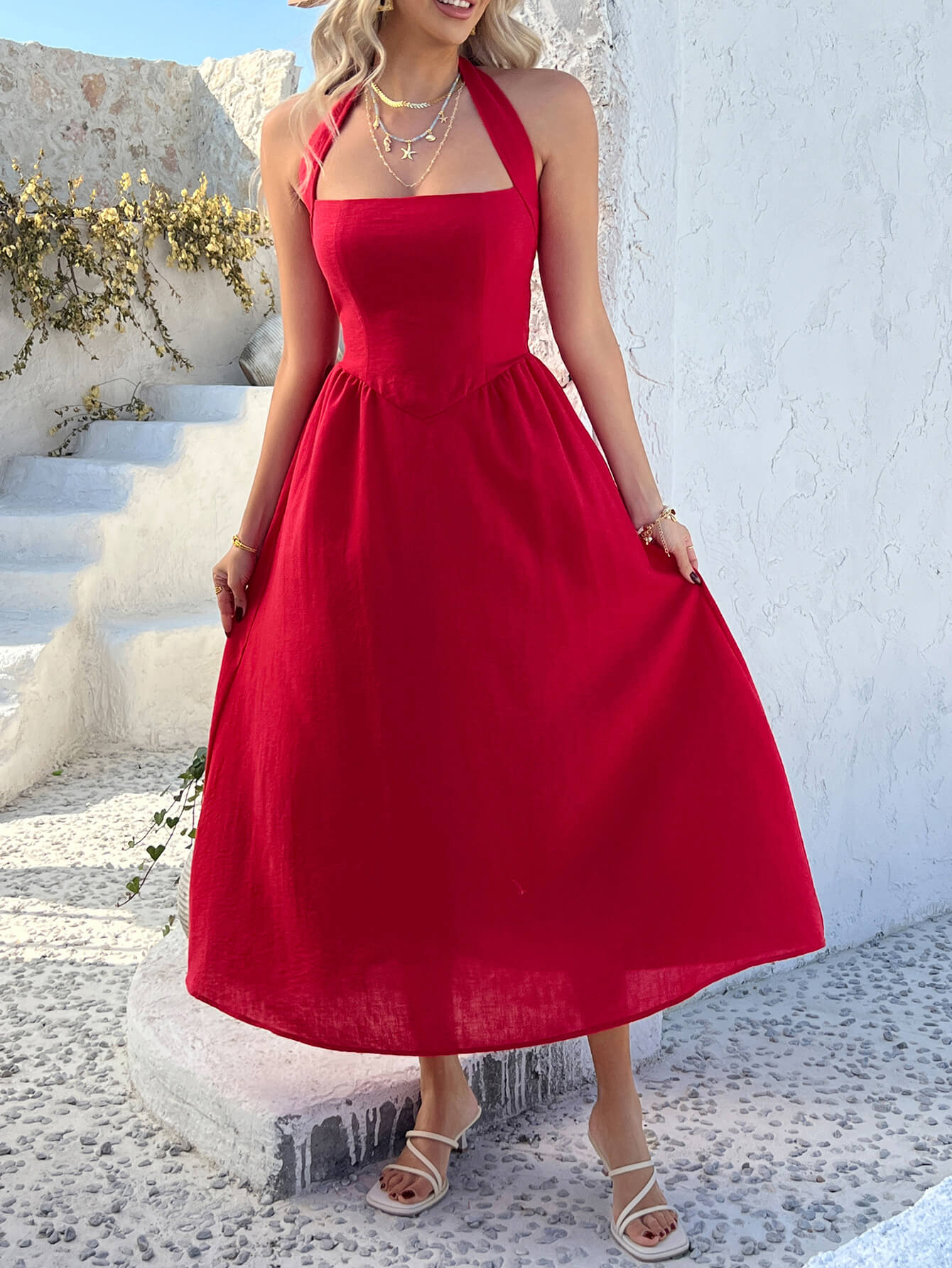 Dewy Days Halter Maxi Dress - red