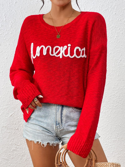 America Mom Knit Pullover Sweater - Red