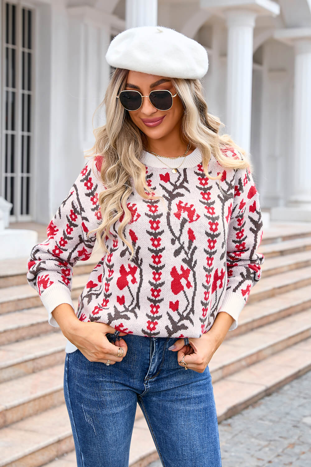 Adalia Floral Pattern Knit Sweater - Red