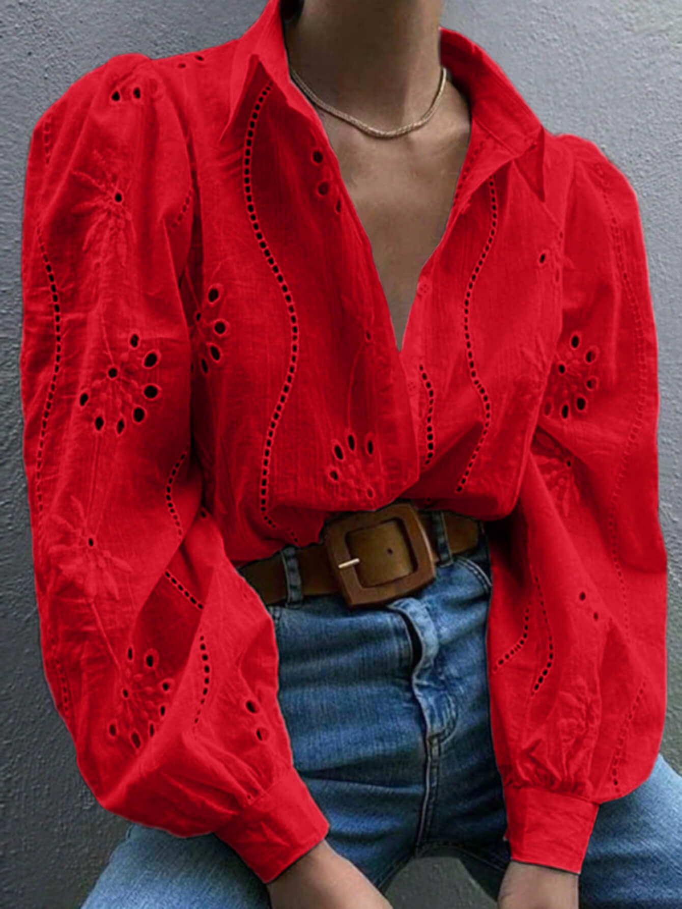 Miley Perforated Long Sleeve Blouse - red