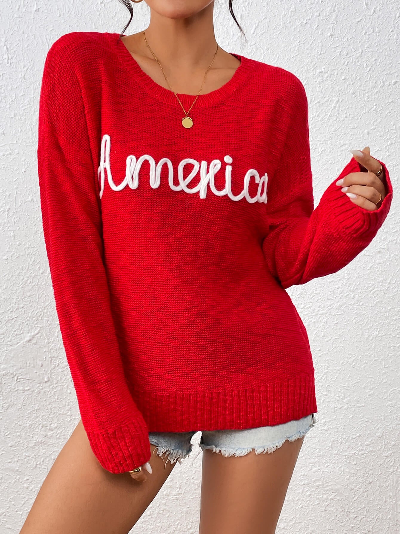 America Mom Knit Pullover Sweater - Red