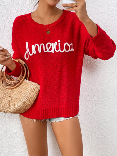 America Mom Knit Pullover Sweater - Red