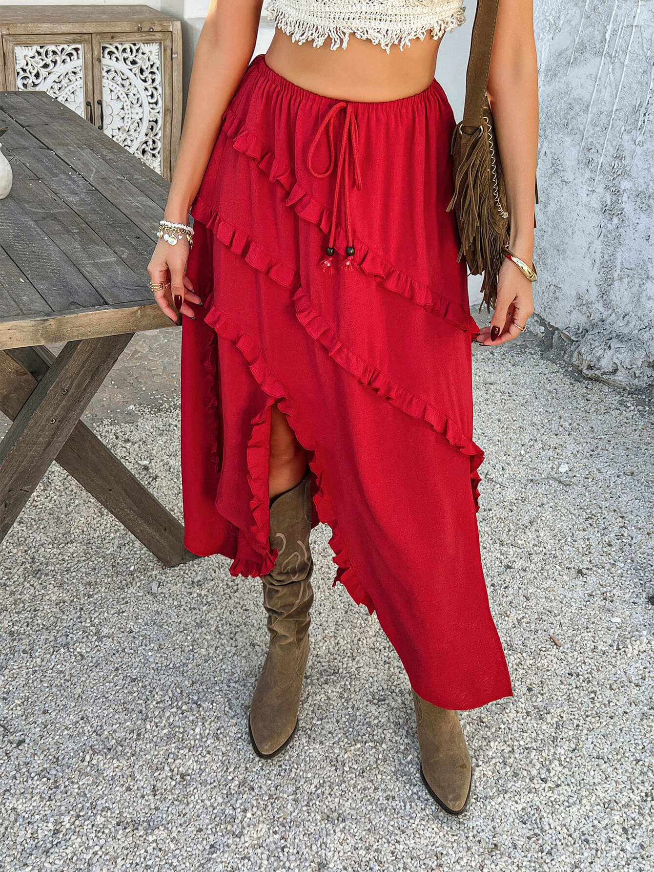 Harmonic High Low Maxi Skirt - red