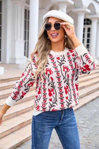 Adalia Floral Pattern Knit Sweater - Red