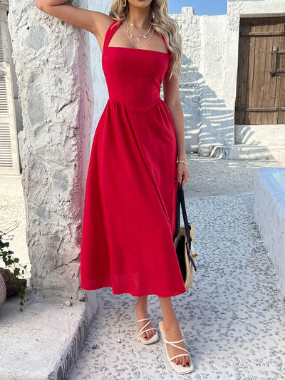 Dewy Days Halter Maxi Dress - red