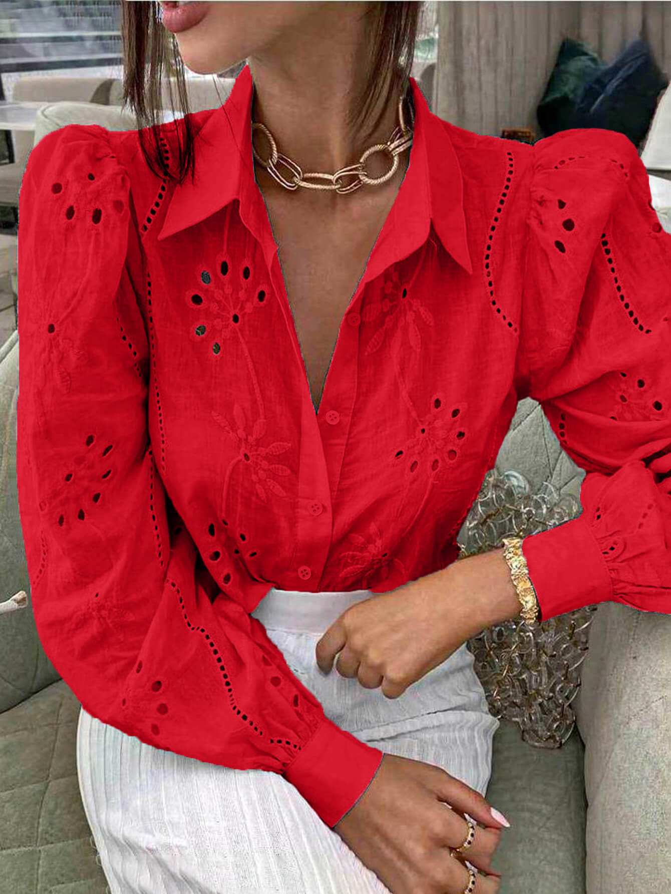 Miley Perforated Long Sleeve Blouse - red