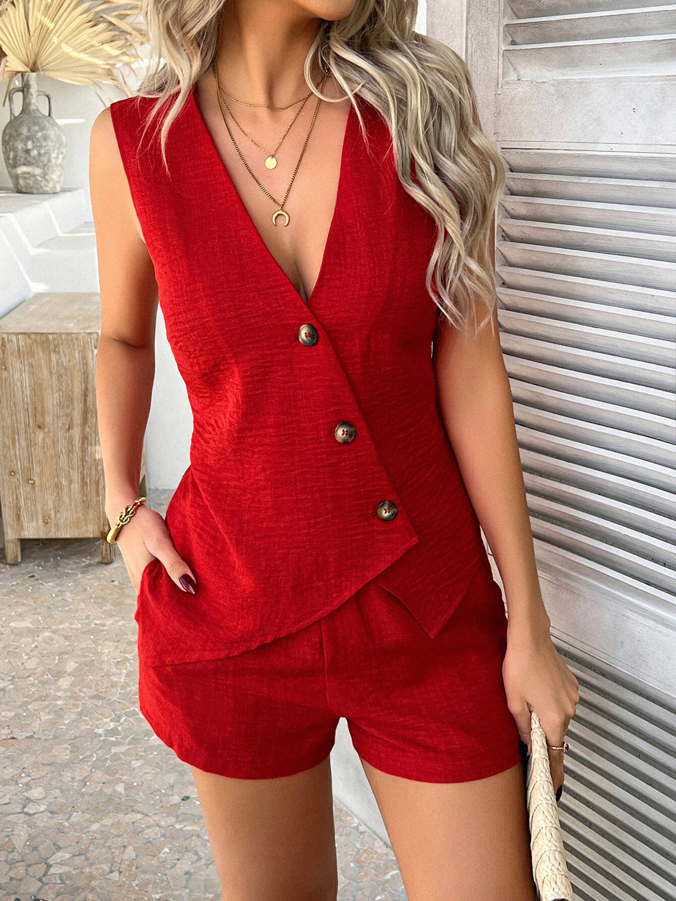 Fiji Gauze Button Down Vest Matching Sets - red