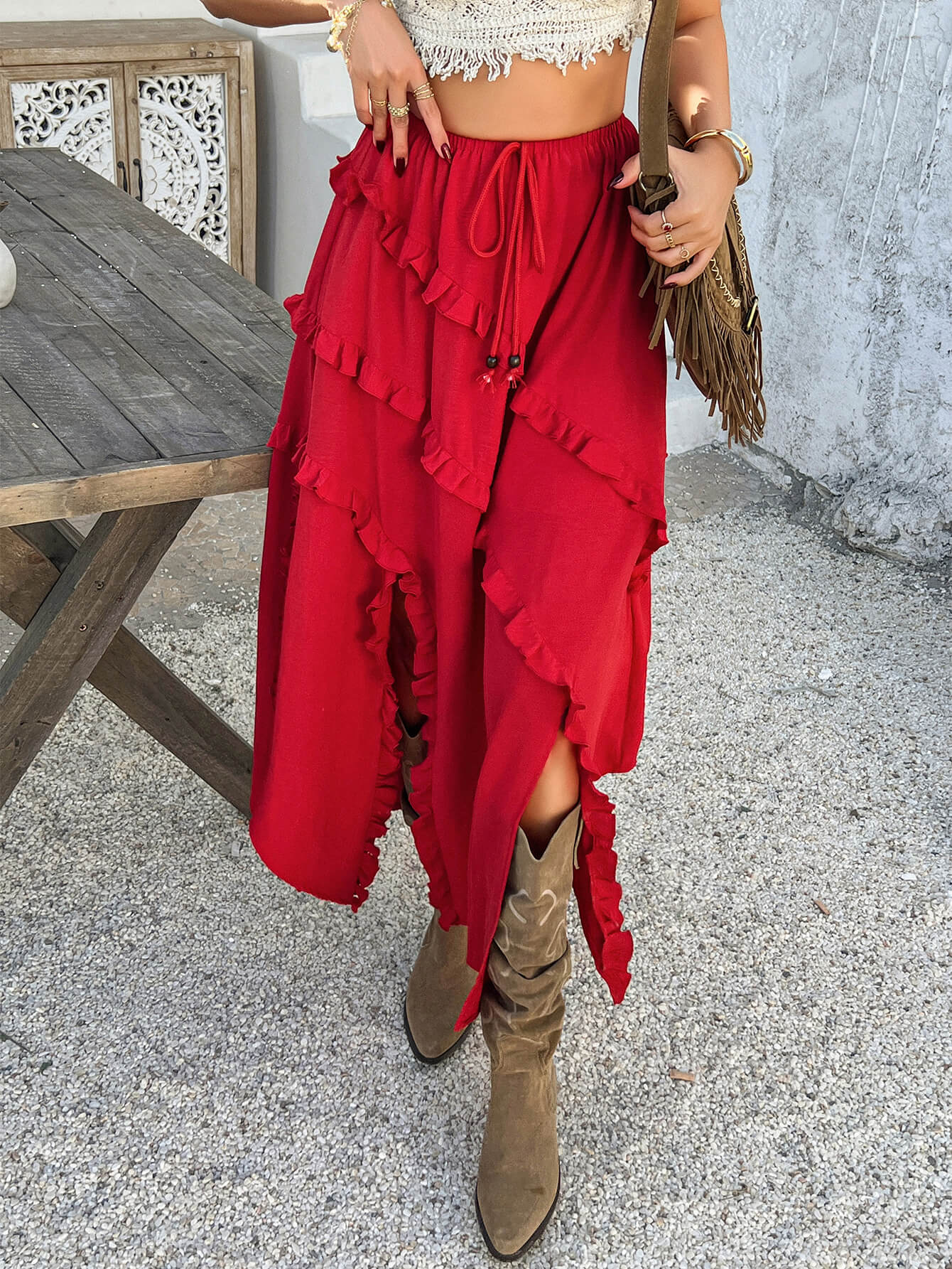 Harmonic High Low Maxi Skirt - red