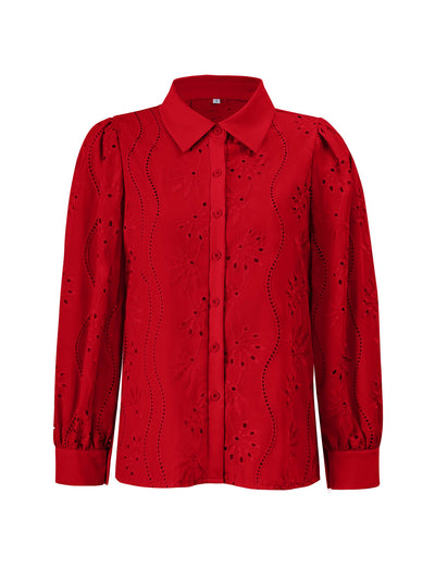 Miley Perforated Long Sleeve Blouse - red