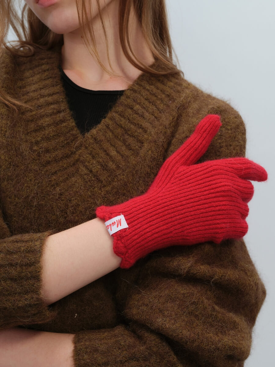 Wool Blend Ribbed Knit Glove Mittens - Red