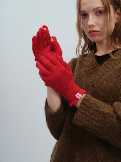 Wool Blend Ribbed Knit Glove Mittens - Red