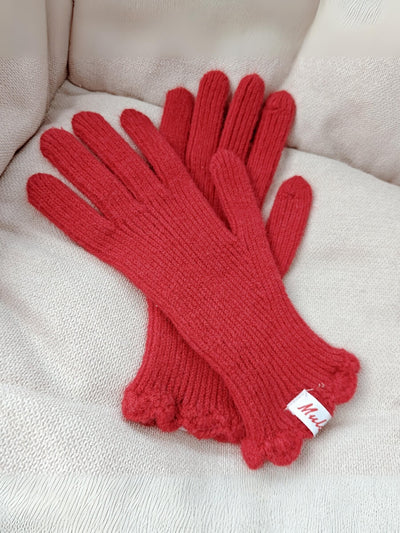 Wool Blend Ribbed Knit Glove Mittens - Red