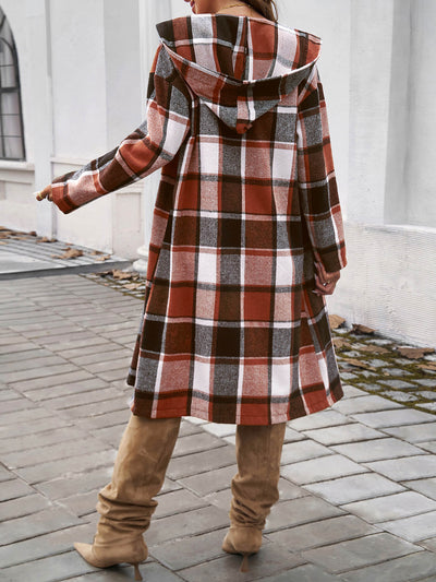 Town Stroll Plaid Hooded Coat - Rust